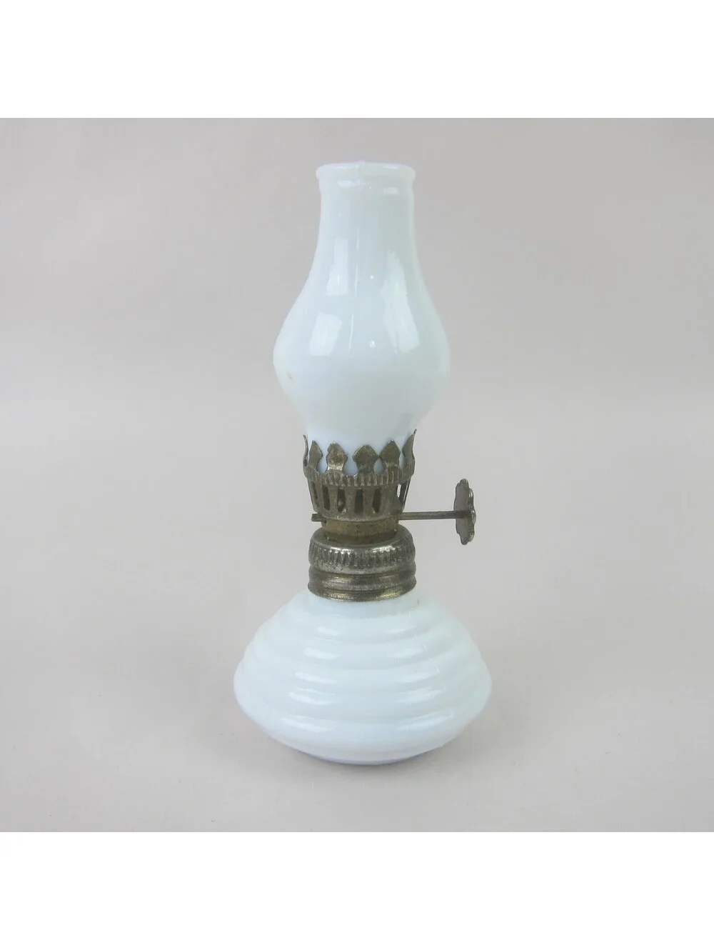 Antique Miniature Oil Lamp White Milk Glass Chimney & Beehive Base 4.5